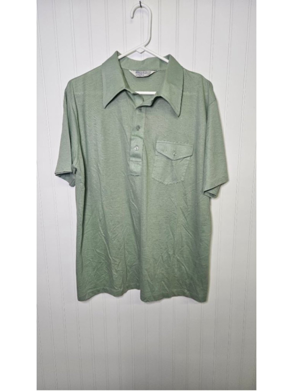 Vintage JCPenney MW Polo Shirt XL Sage Green Flap Pocket 70s 80s Made Singapore